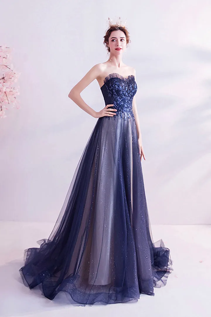 Blue Strapless Tulle Long Prom Dresses A-Line Evening Dresses Off Shoulder