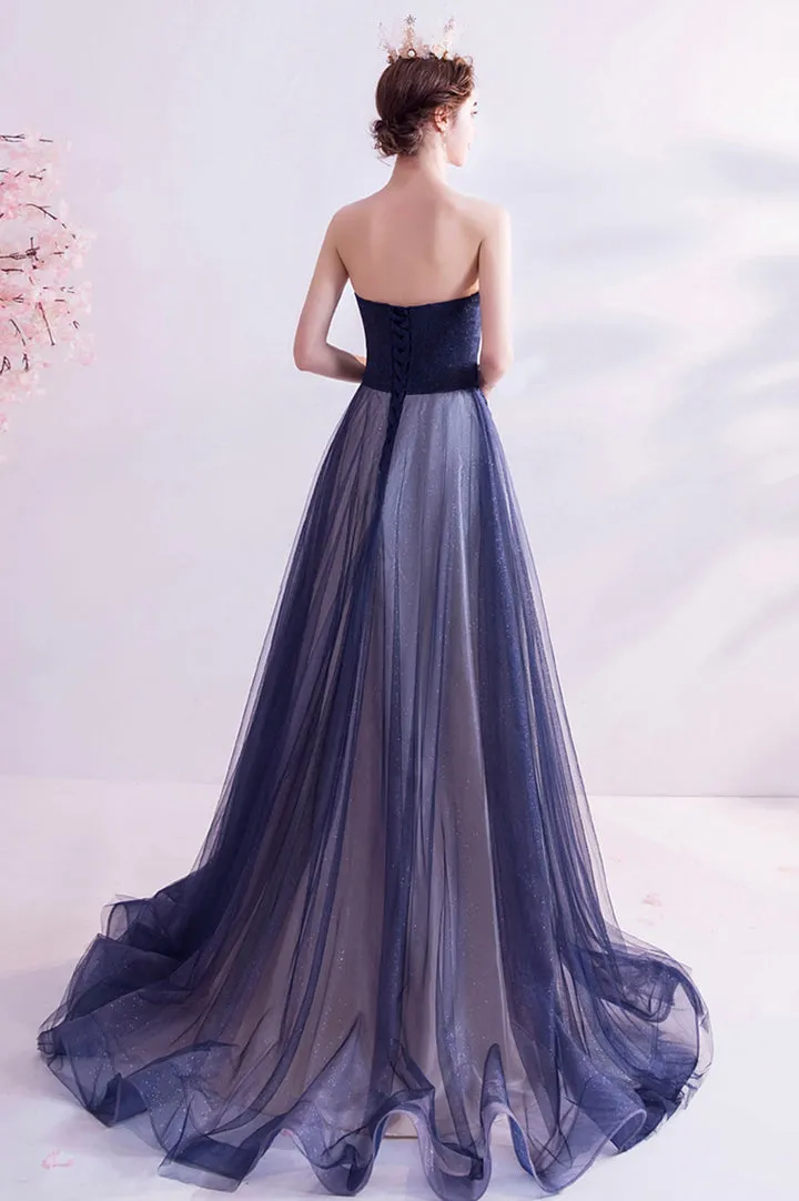 Blue Strapless Tulle Long Prom Dresses A-Line Evening Dresses Off Shoulder