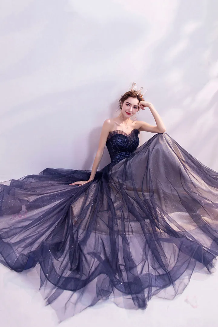Blue Strapless Tulle Long Prom Dresses A-Line Evening Dresses Off Shoulder