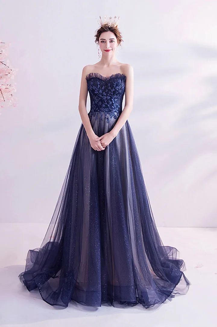 Blue Strapless Tulle Long Prom Dresses A-Line Evening Dresses Off Shoulder