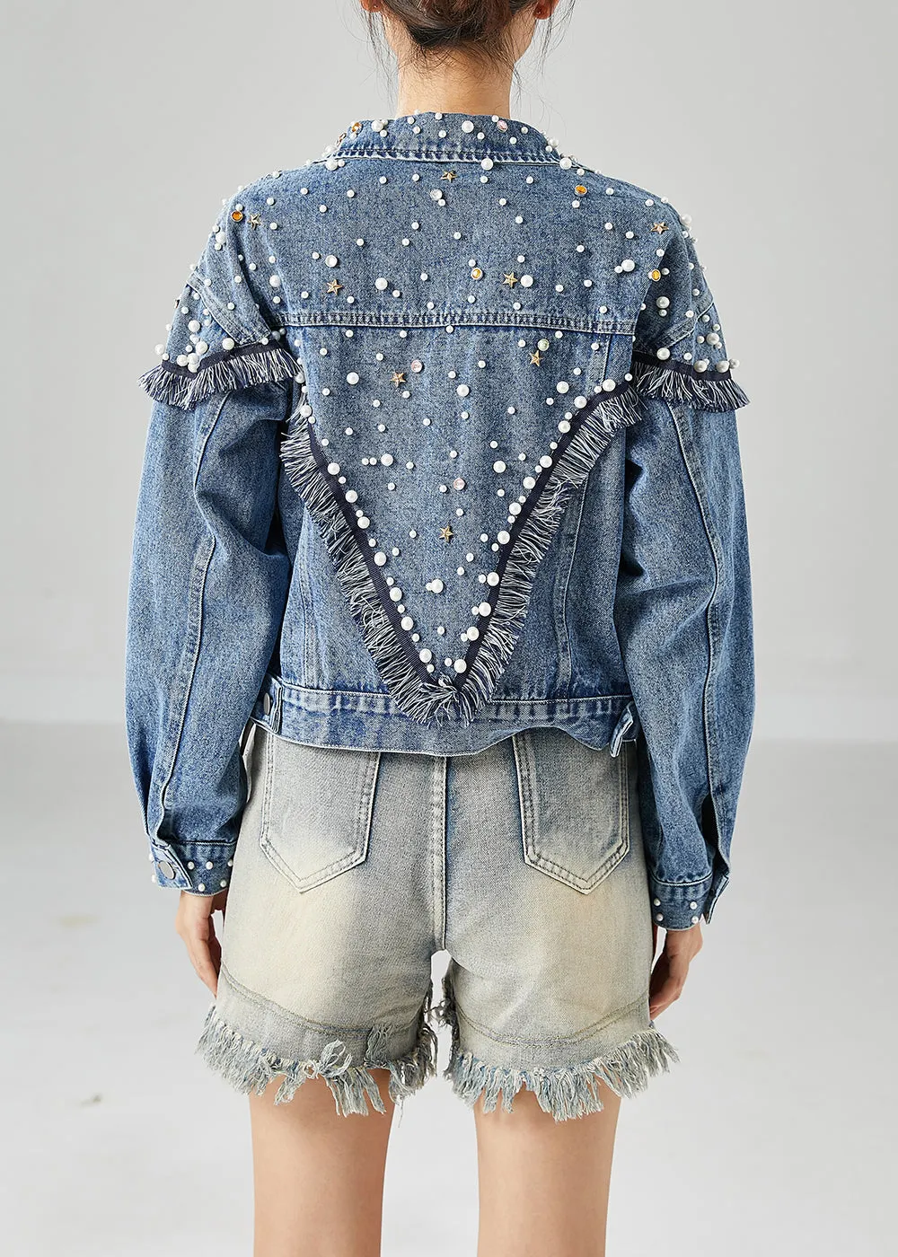 Boho Blue Oversized Patchwork Nail Bead Denim Coats Spring LY6725