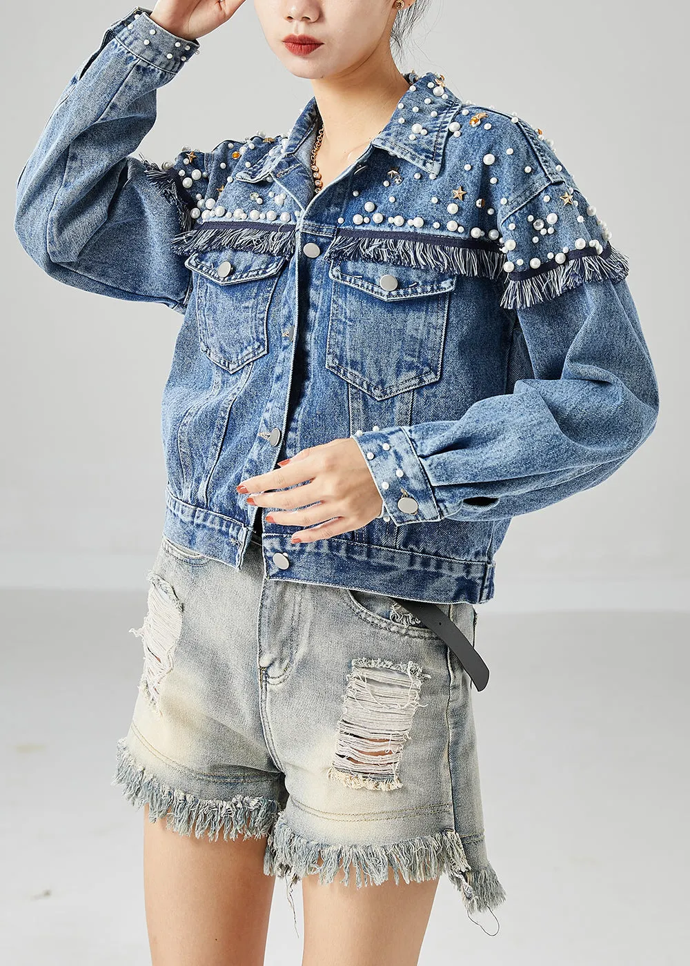 Boho Blue Oversized Patchwork Nail Bead Denim Coats Spring LY6725