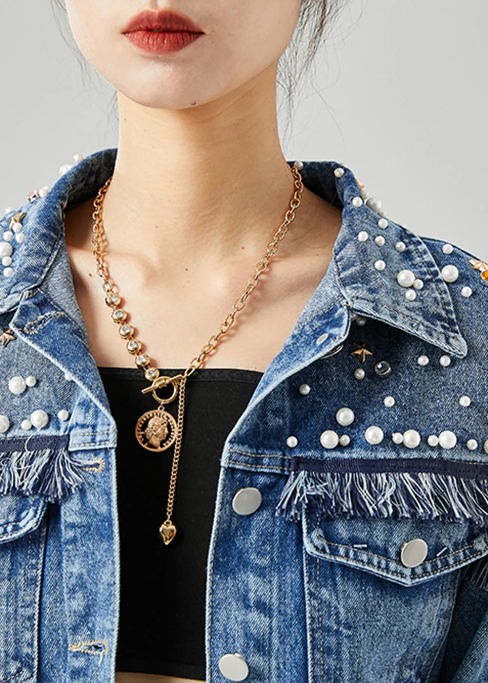 Boho Blue Oversized Patchwork Nail Bead Denim Coats Spring LY6725