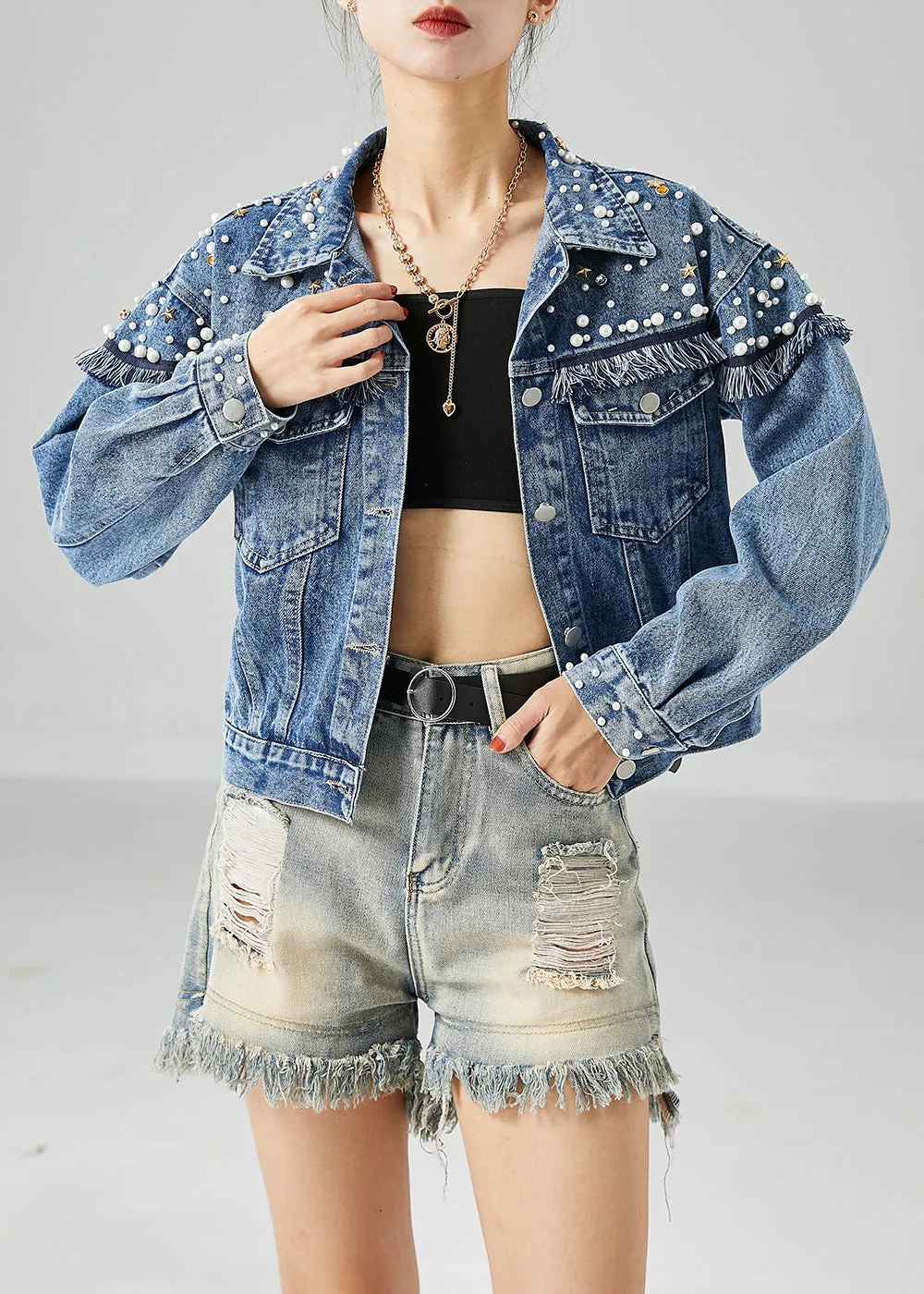 Boho Blue Oversized Patchwork Nail Bead Denim Coats Spring LY6725
