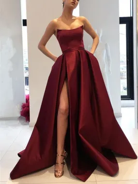 Burgundy Prom Dresses Strapless Bodice Corset Long Evening Bridesmaid Gowns With Leg Split