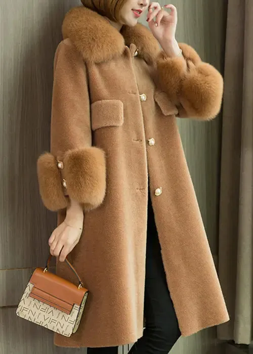 Camel Button Patchwork Woolen Coats Peter Pan Collar Winter ML1187