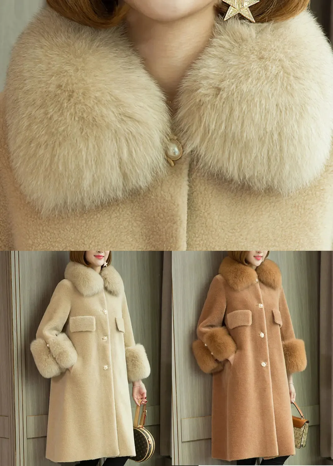 Camel Button Patchwork Woolen Coats Peter Pan Collar Winter ML1187