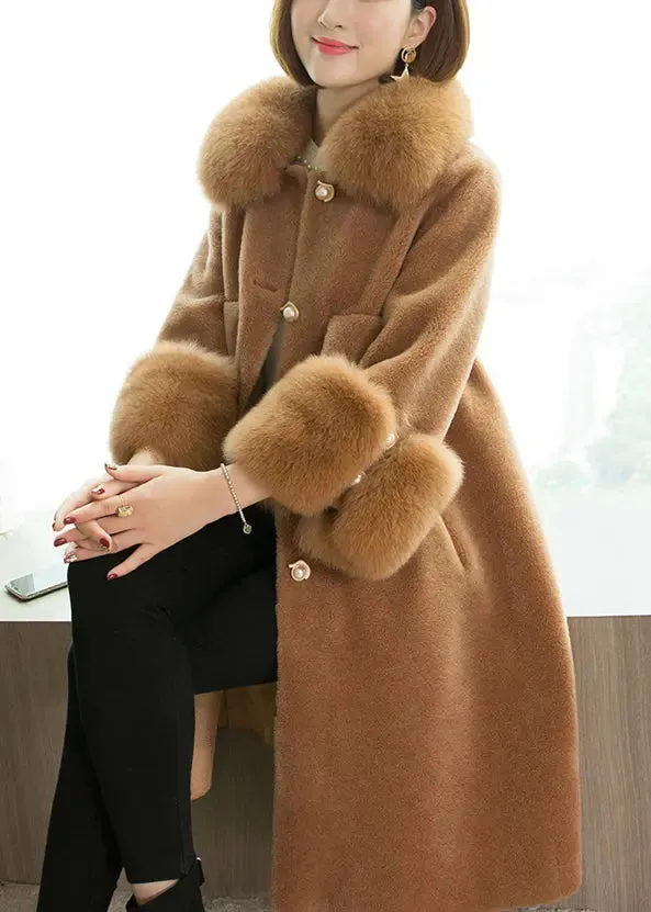 Camel Button Patchwork Woolen Coats Peter Pan Collar Winter ML1187