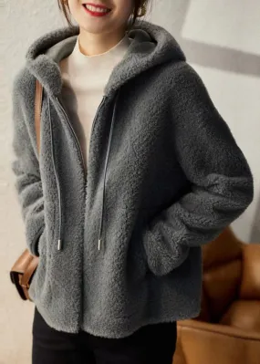 Casual Grey Hooded Pockets Patchwork Woolen Coats Winter LY9647