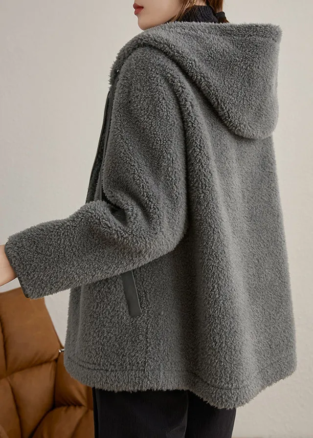 Casual Grey Hooded Pockets Patchwork Woolen Coats Winter LY9647