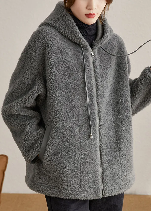 Casual Grey Hooded Pockets Patchwork Woolen Coats Winter LY9647