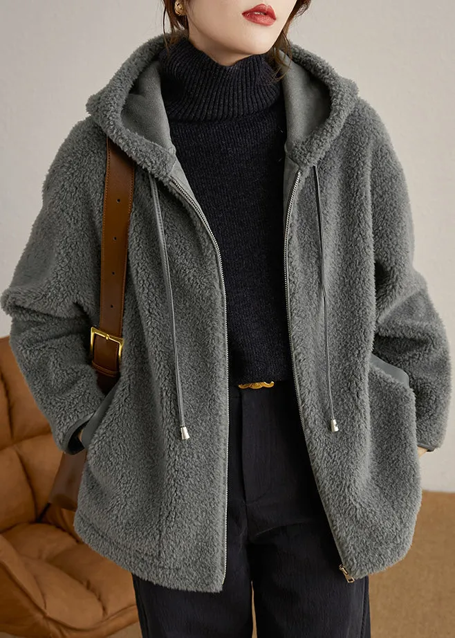 Casual Grey Hooded Pockets Patchwork Woolen Coats Winter LY9647