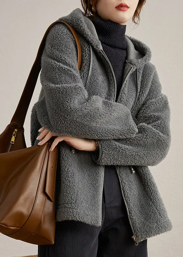 Casual Grey Hooded Pockets Patchwork Woolen Coats Winter LY9647