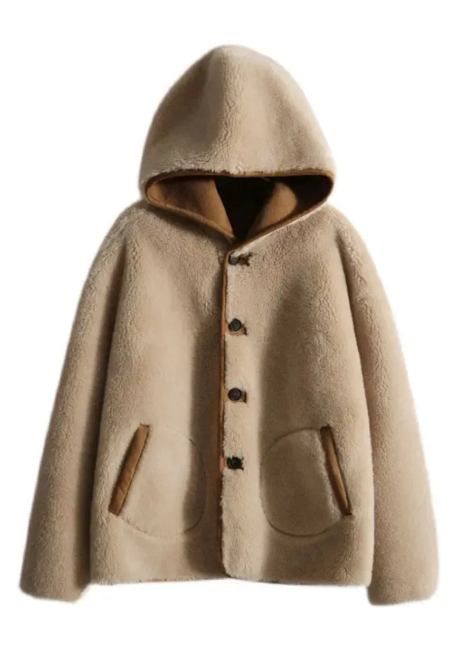 Casual Light Camel Patchwork Button Hooded Faux Fur Coats Long Sleeve LY8349