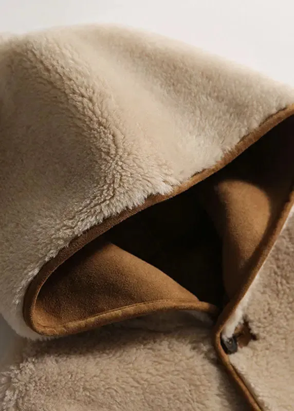 Casual Light Camel Patchwork Button Hooded Faux Fur Coats Long Sleeve LY8349