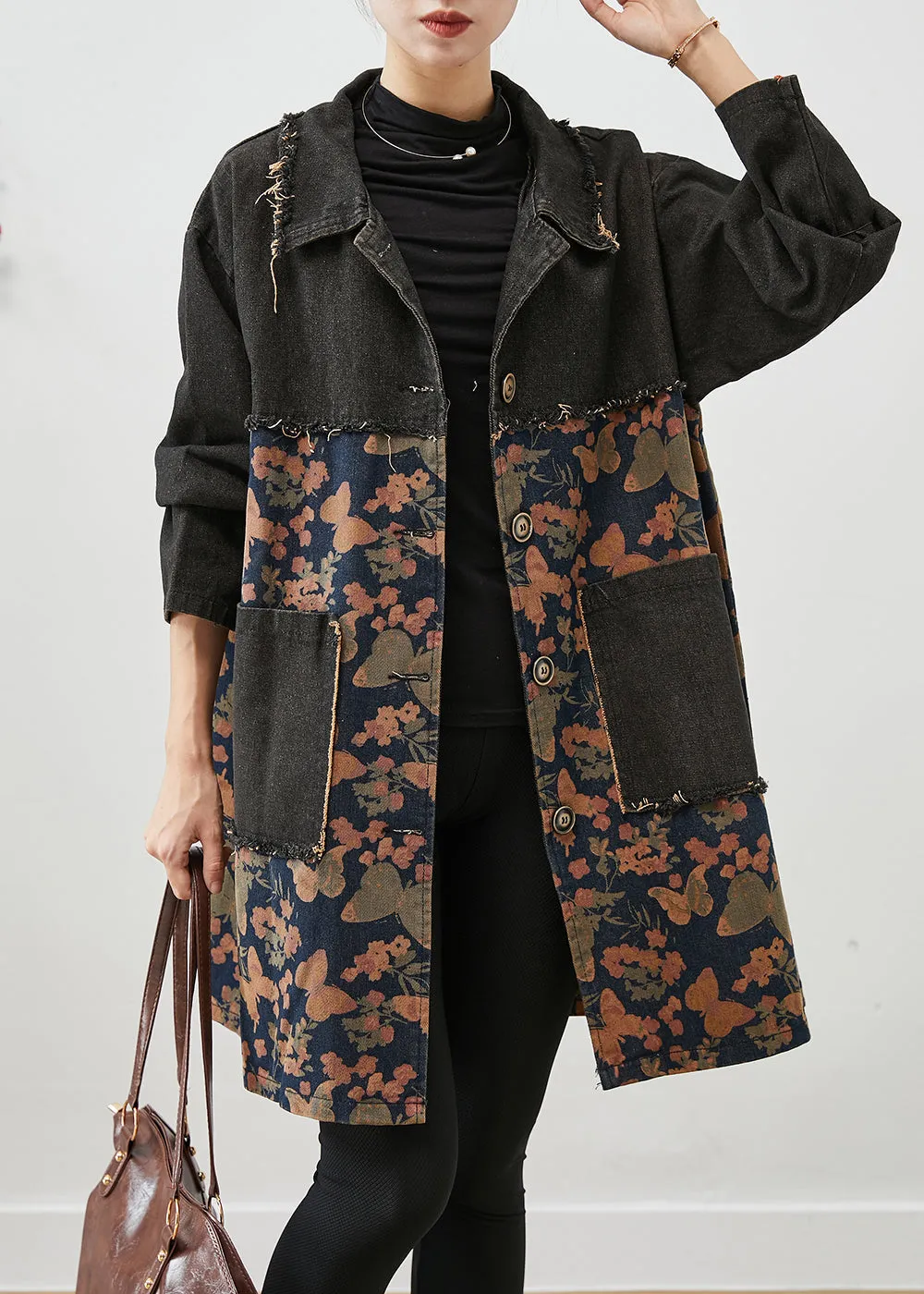 Classy Black Oversized Patchwork Print Denim Coats Fall LY9869