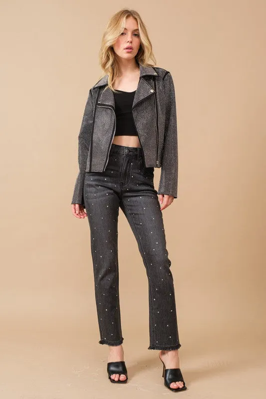 Crystal Studded Stretch Zip Up Moto Jacket by Blu B