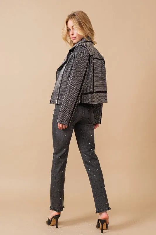 Crystal Studded Stretch Zip Up Moto Jacket by Blu B