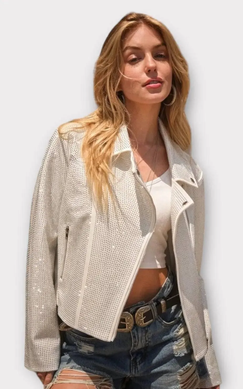 Crystal Studded Stretch Zip Up Moto Jacket