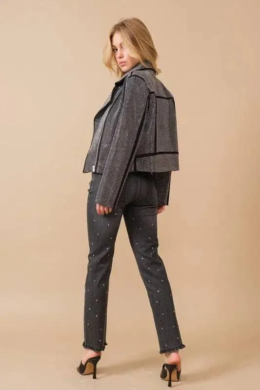 Crystal Studded Stretch Zip Up Moto Jacket