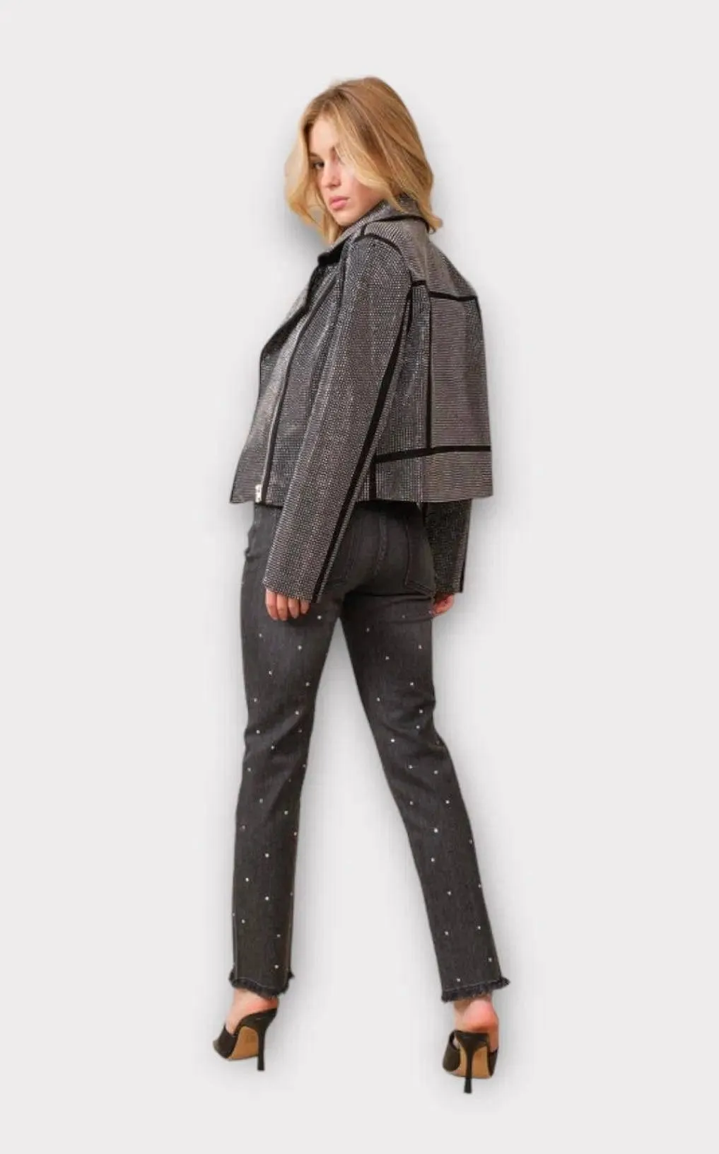 Crystal Studded Stretch Zip Up Moto Jacket