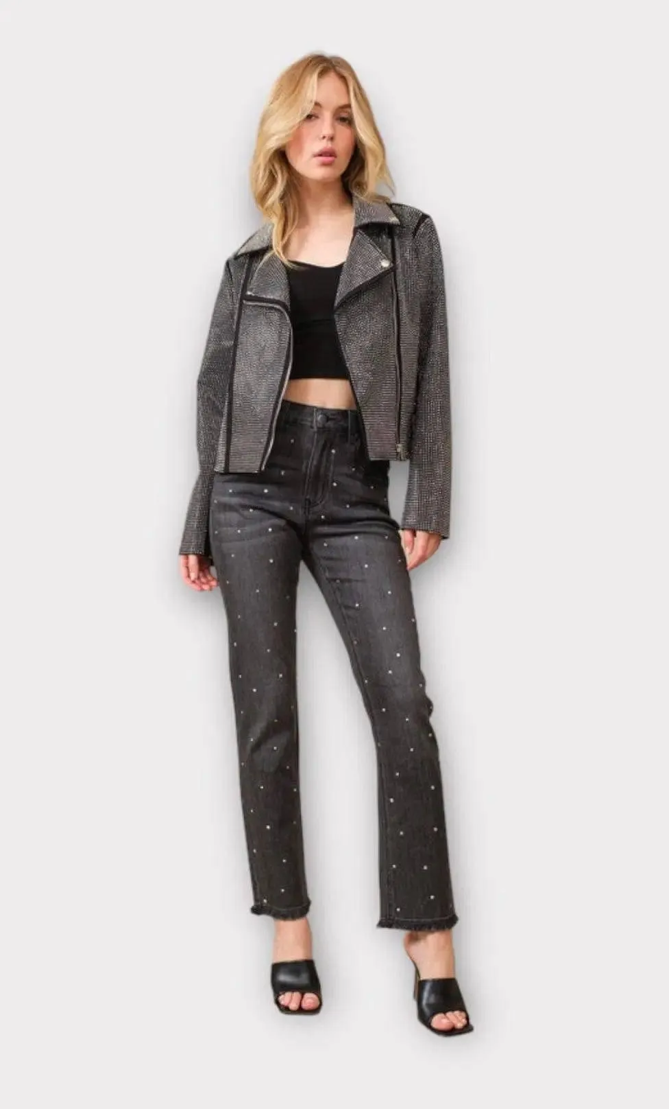 Crystal Studded Stretch Zip Up Moto Jacket