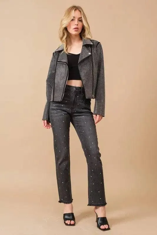 Crystal Studded Stretch Zip Up Moto Jacket