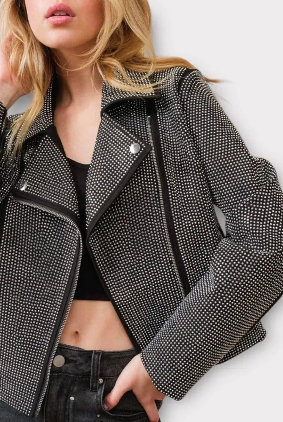 Crystal Studded Stretch Zip Up Moto Jacket