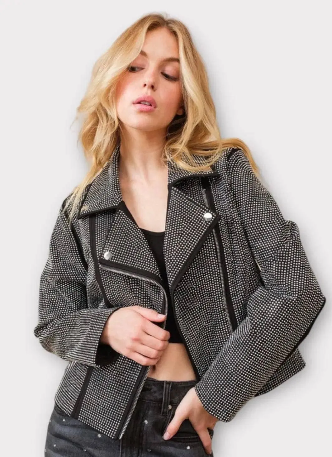 Crystal Studded Stretch Zip Up Moto Jacket