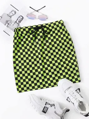 Drawstring Waist Checked Print Skirt
