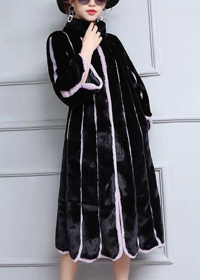 Fashion Black Oversized Patchwork Striped Faux Fur Coats Winter LY9410
