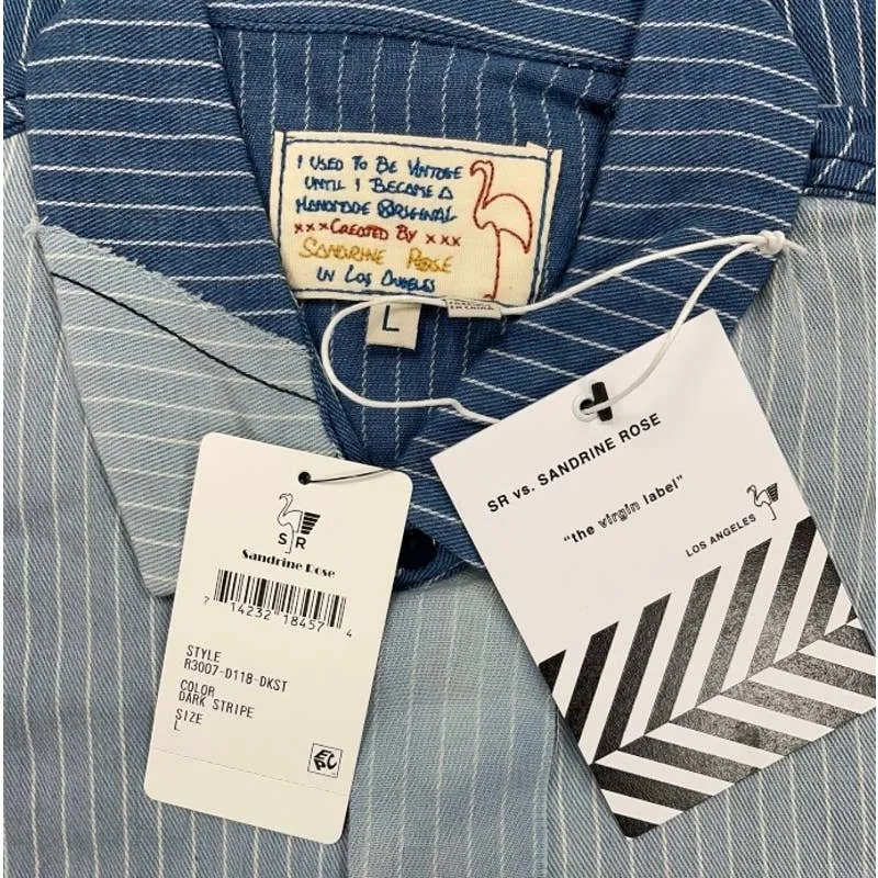 Free People x Sandrine Rose Patchwork Striped Denim Button Up Blouse Size L New