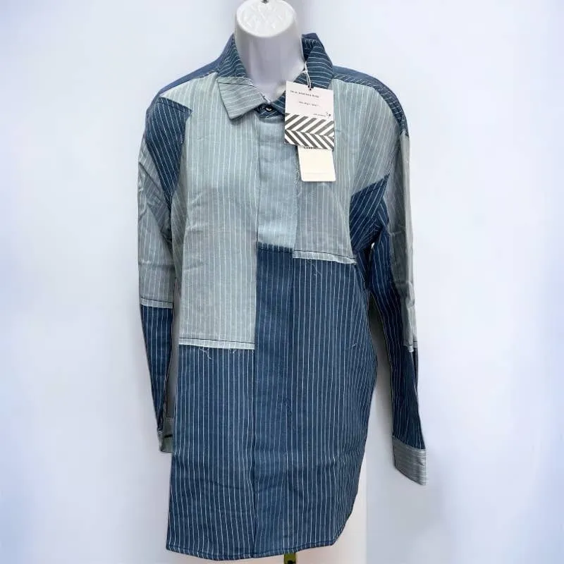 Free People x Sandrine Rose Patchwork Striped Denim Button Up Blouse Size M New