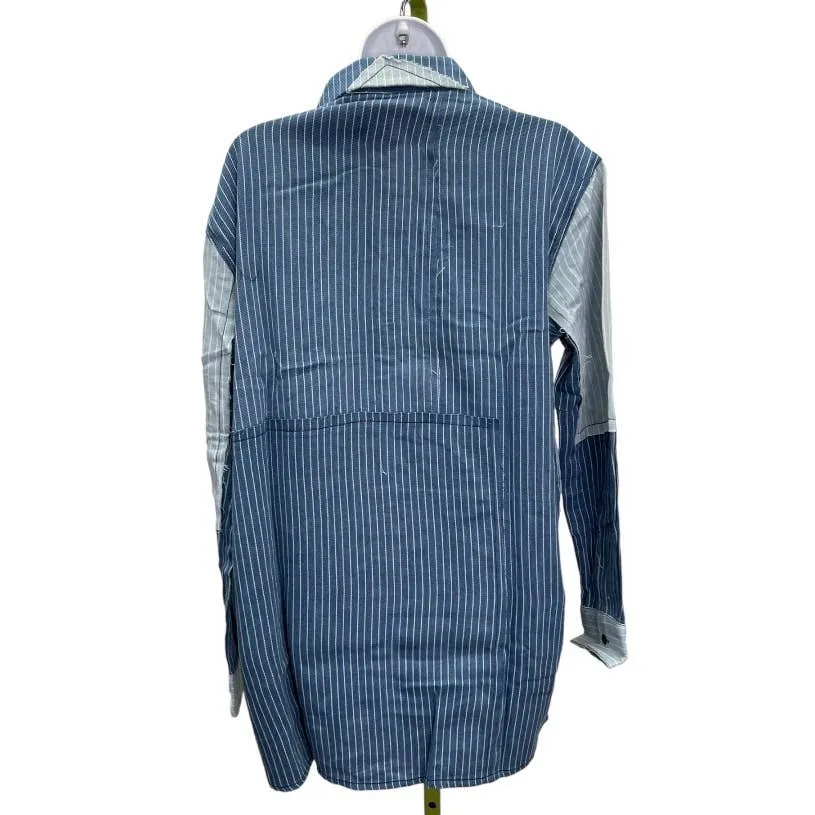 Free People x Sandrine Rose Patchwork Striped Denim Button Up Blouse Size M New