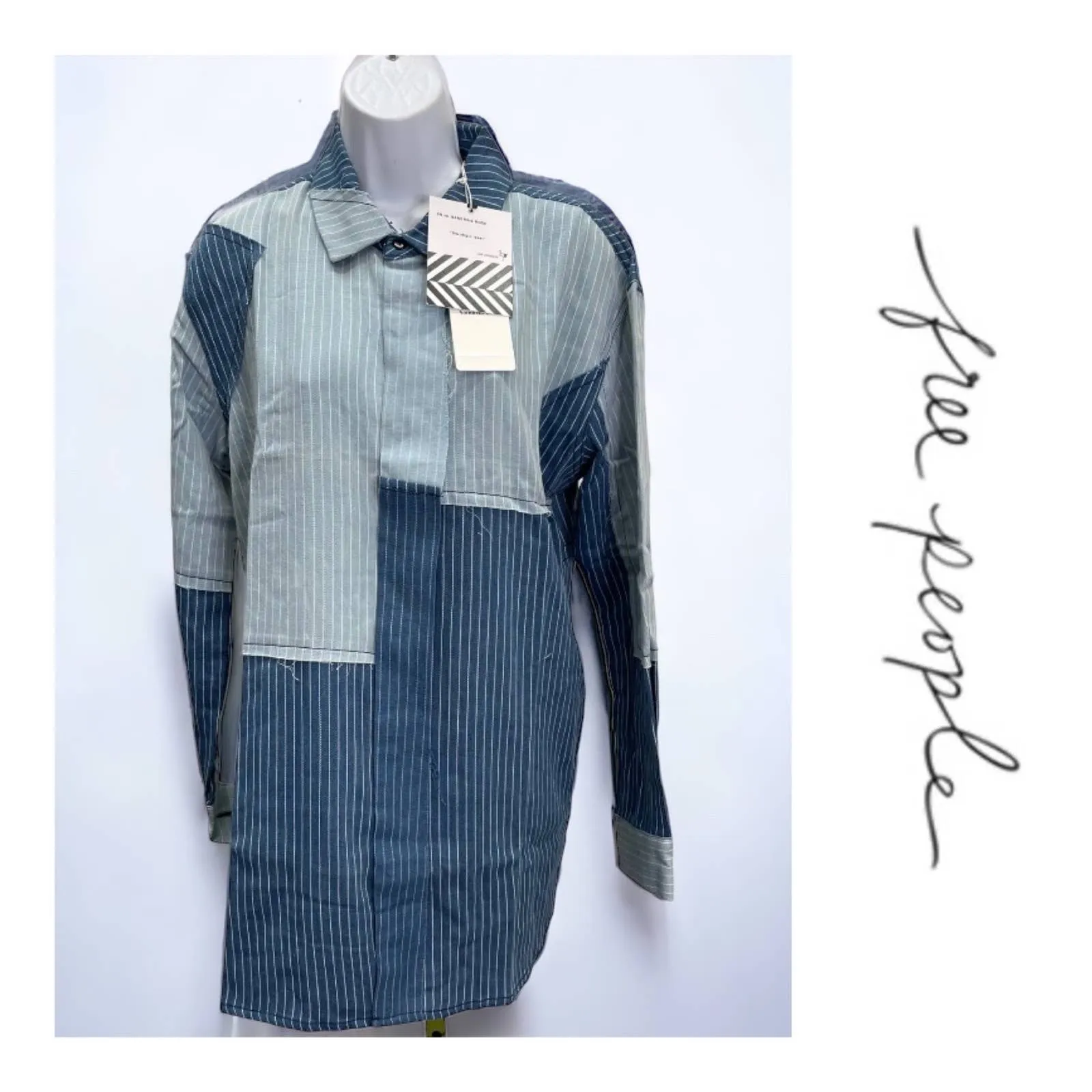 Free People x Sandrine Rose Patchwork Striped Denim Button Up Blouse Size M New