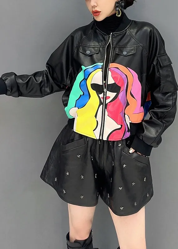 French Black Zip Up Print Patchwork Faux Leather Coats Long Sleeve ML1468