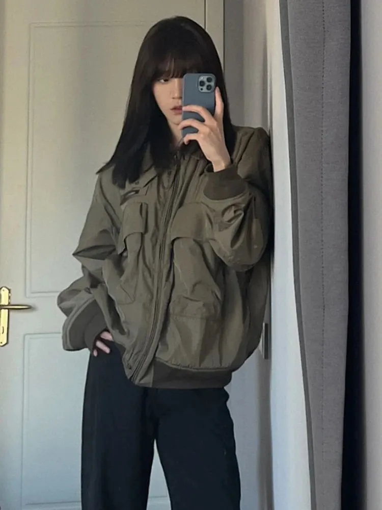 Girlary Streetwear Turn Down Collar Jackets Women Zipper Patchwork Y2k Aesthetic Loose Casual Coats New All Match Harajuku Pocket Tops