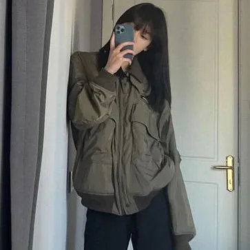 Girlary Streetwear Turn Down Collar Jackets Women Zipper Patchwork Y2k Aesthetic Loose Casual Coats New All Match Harajuku Pocket Tops