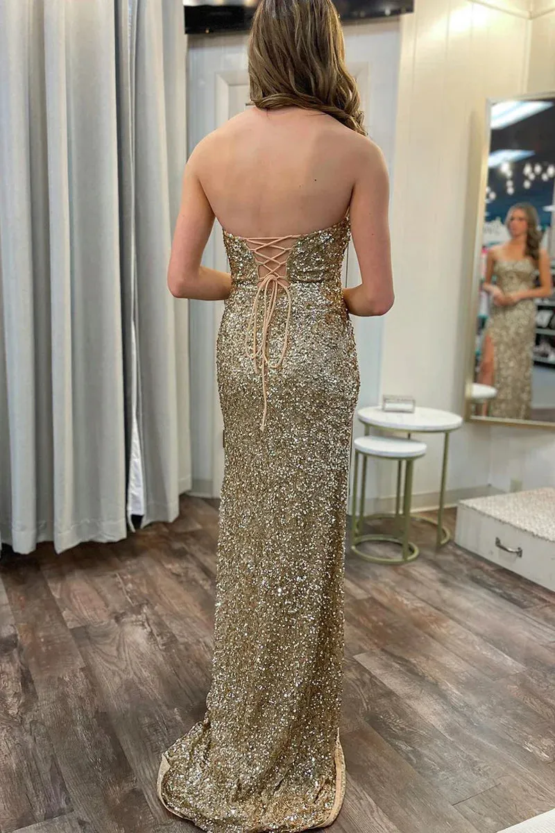 Gold Strapless Sequins Mermaid Prom Dresses with