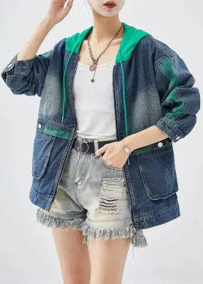 Green Patchwork Denim Coats Hooded Pockets Fall ML1232