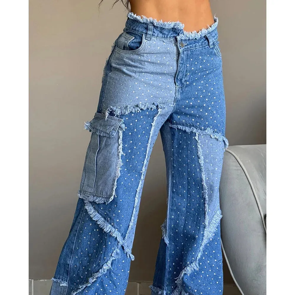 Hoch taillierte Y2K Baggy Jean mit Stickereien Patchwork