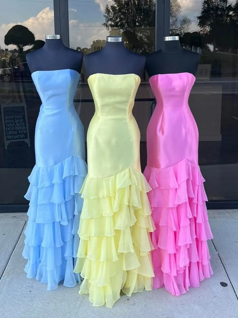 Ida | Sky Blue Mermaid Strapless Prom Dresses With Split