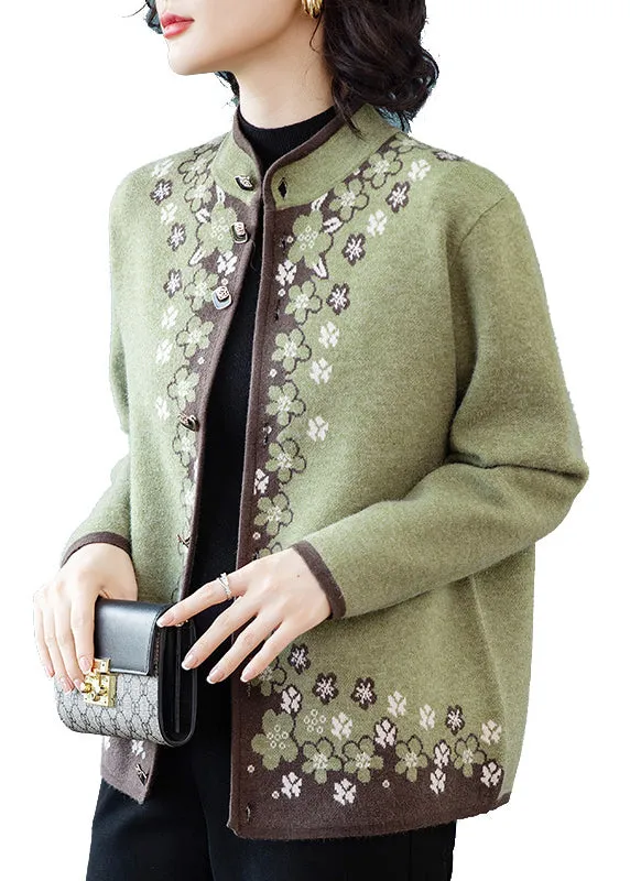 Italian Green Button Print Patchwork Knit Coats Fall