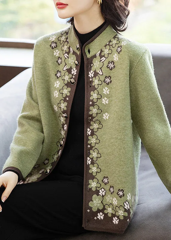 Italian Green Button Print Patchwork Knit Coats Fall
