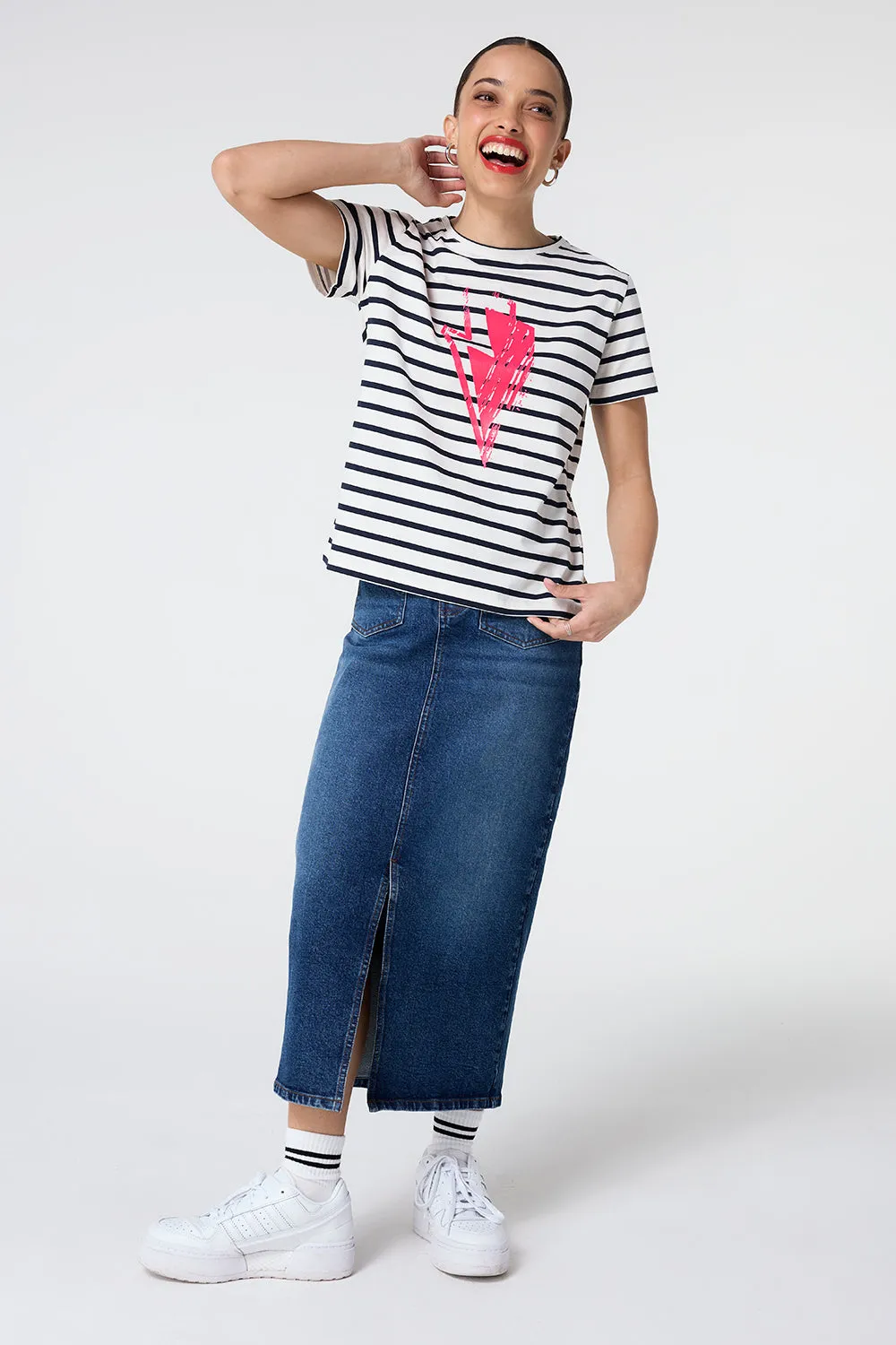 Ivory with Navy Stripe and Neon Pink Glitch Bolt T-Shirt