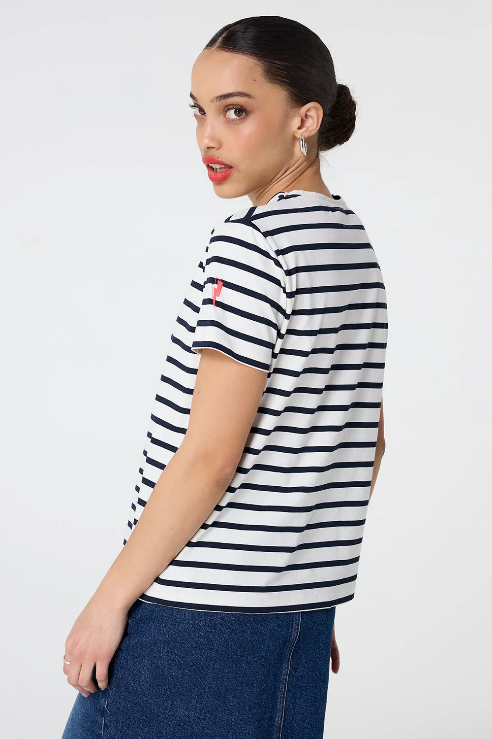 Ivory with Navy Stripe and Neon Pink Glitch Bolt T-Shirt