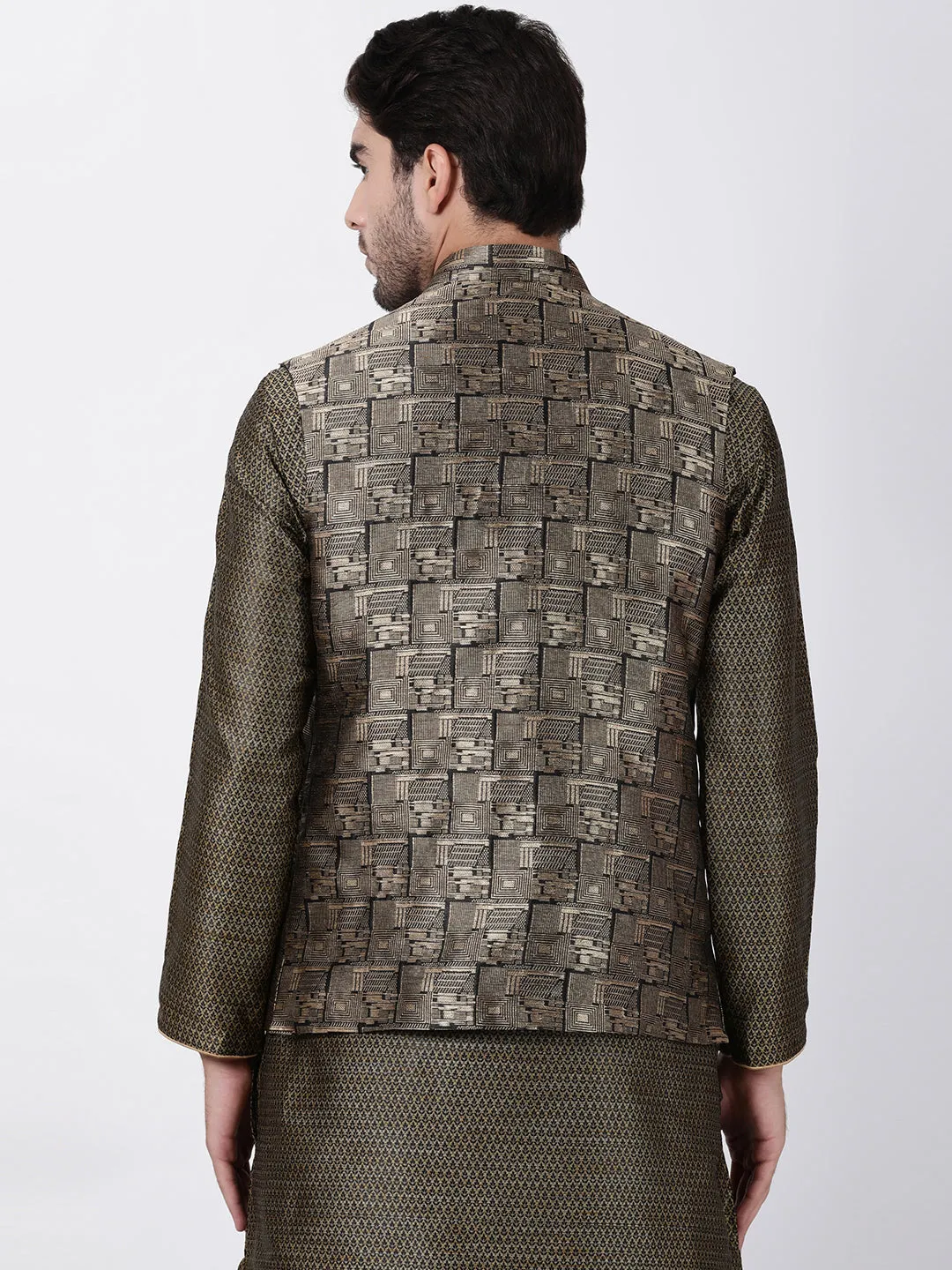 Jashvi Men's Black and Golden Cotton Silk Blend Ethnic Jacket