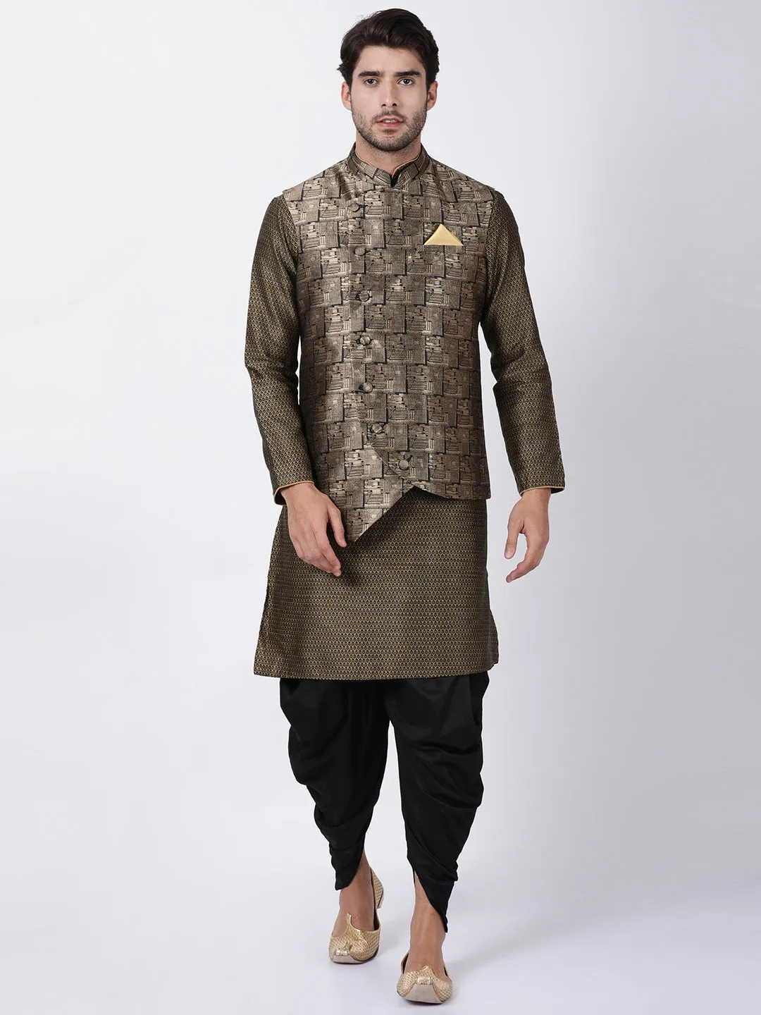 Jashvi Men's Black and Golden Cotton Silk Blend Ethnic Jacket