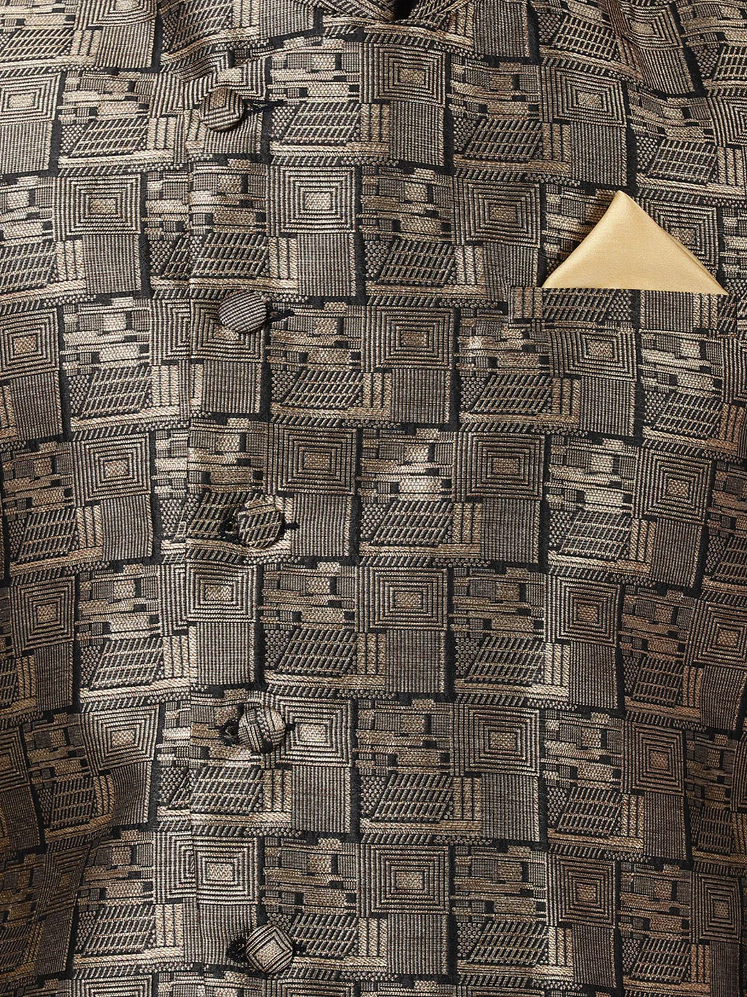 Jashvi Men's Black and Golden Cotton Silk Blend Ethnic Jacket