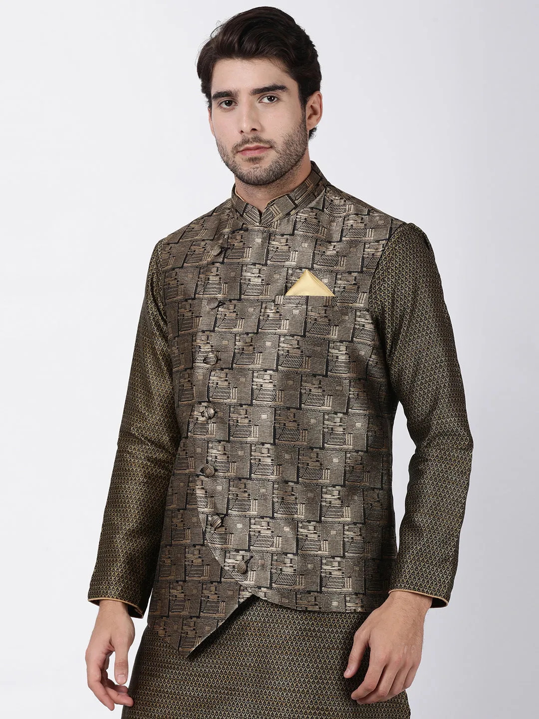 Jashvi Men's Black and Golden Cotton Silk Blend Ethnic Jacket